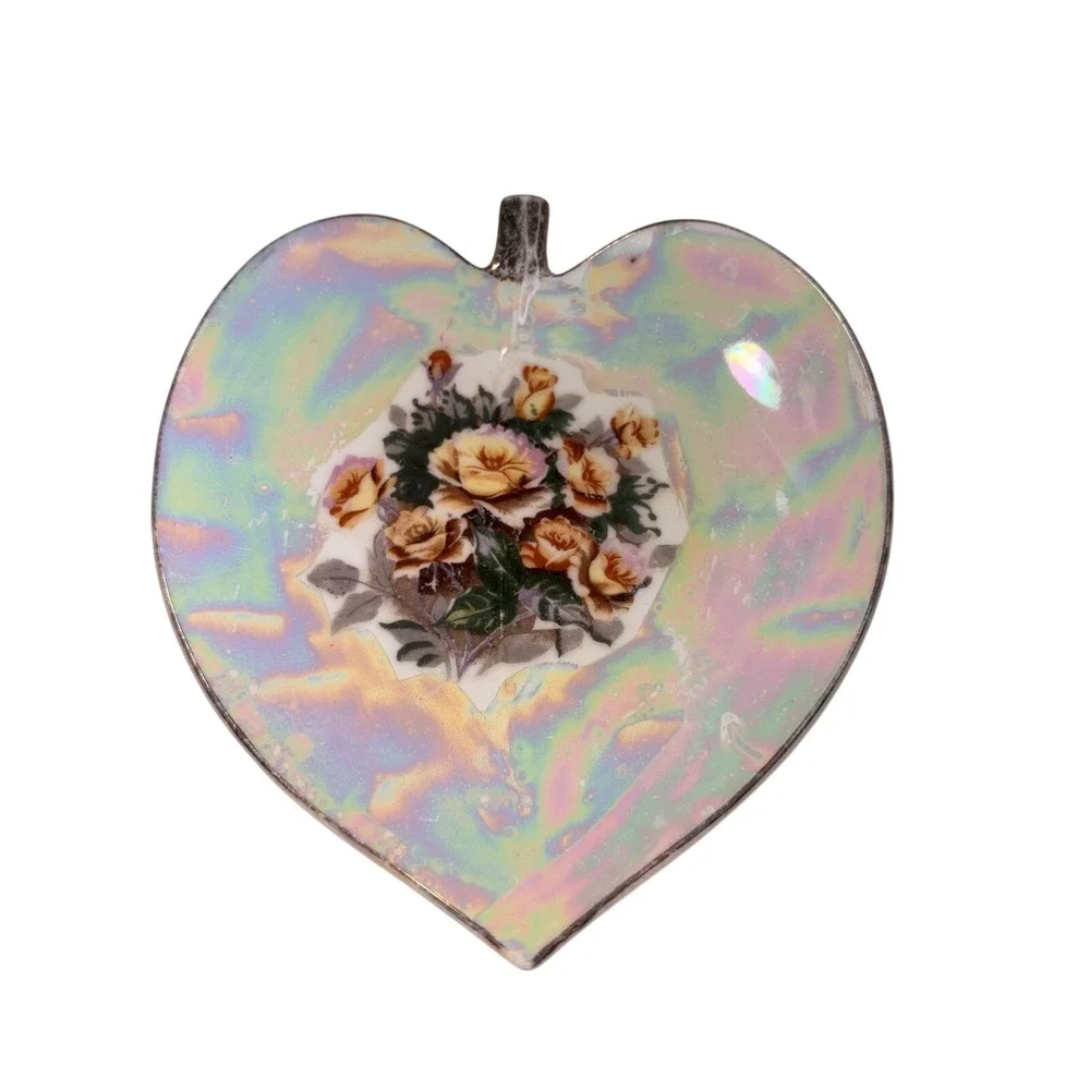 Japan Lusterware Heart Leaf Floral Porcelain Trinket Dish‎ Iridescent Vintage